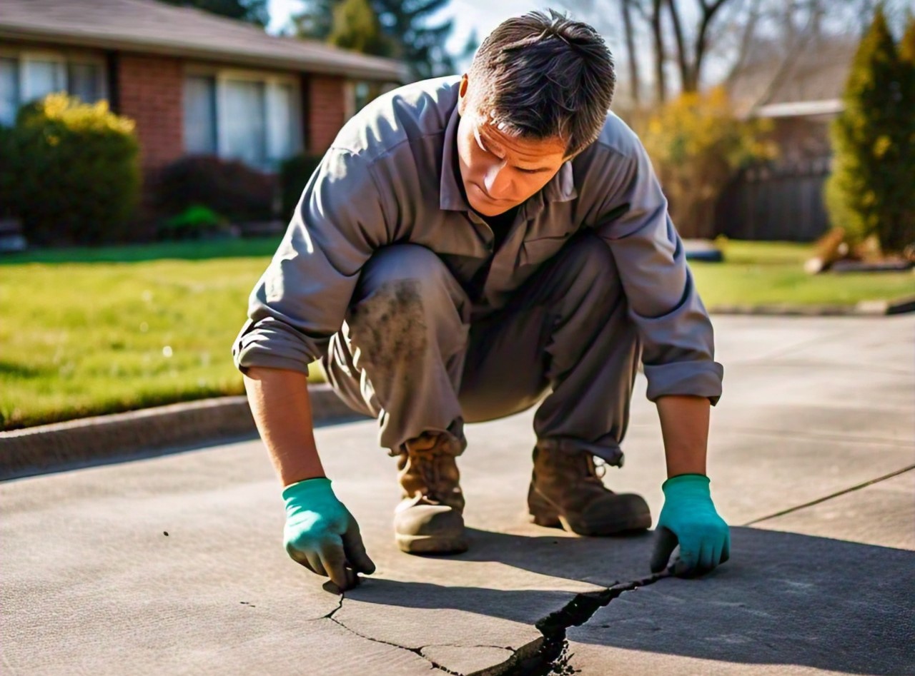 a person examining concrete driveway cracks